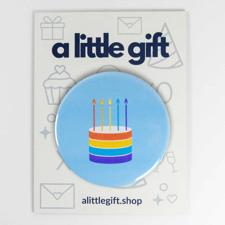 Birthday Cake Button or Magnet – Rainbow Layer Cake with Candles | Party Gift