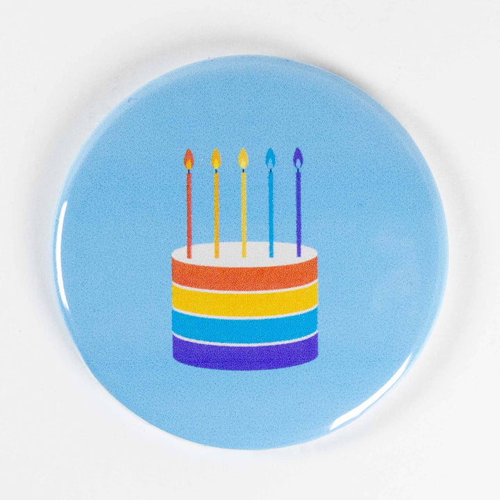 Birthday Cake Button or Magnet – Rainbow Layer Cake with Candles | Party Gift