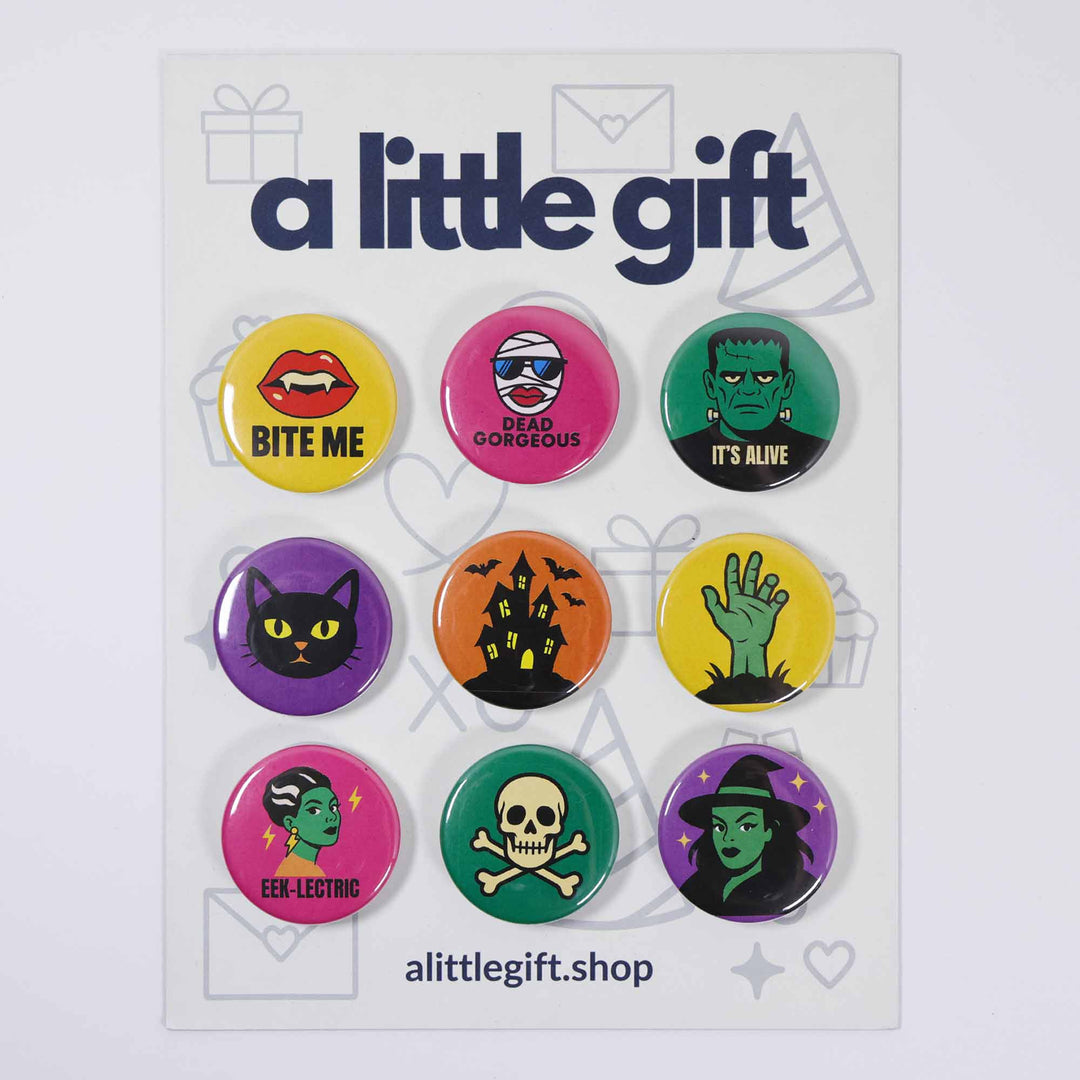 Halloween Pop Art Button & Magnet Gift Set – Retro Spooky Pins (9 Pack) | Bold & Colorful Collectible Badges