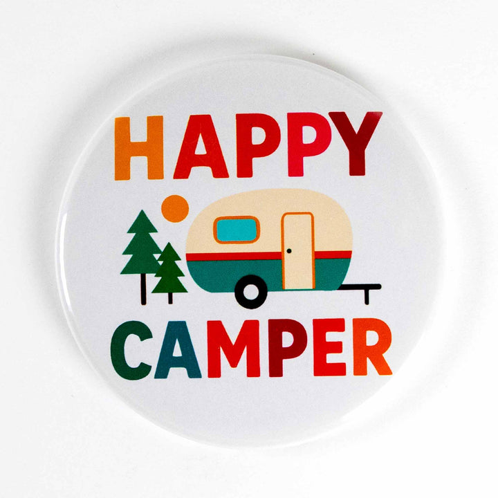 Happy Camper Button or Magnet – Retro Camping Design | Outdoor Adventure Gift