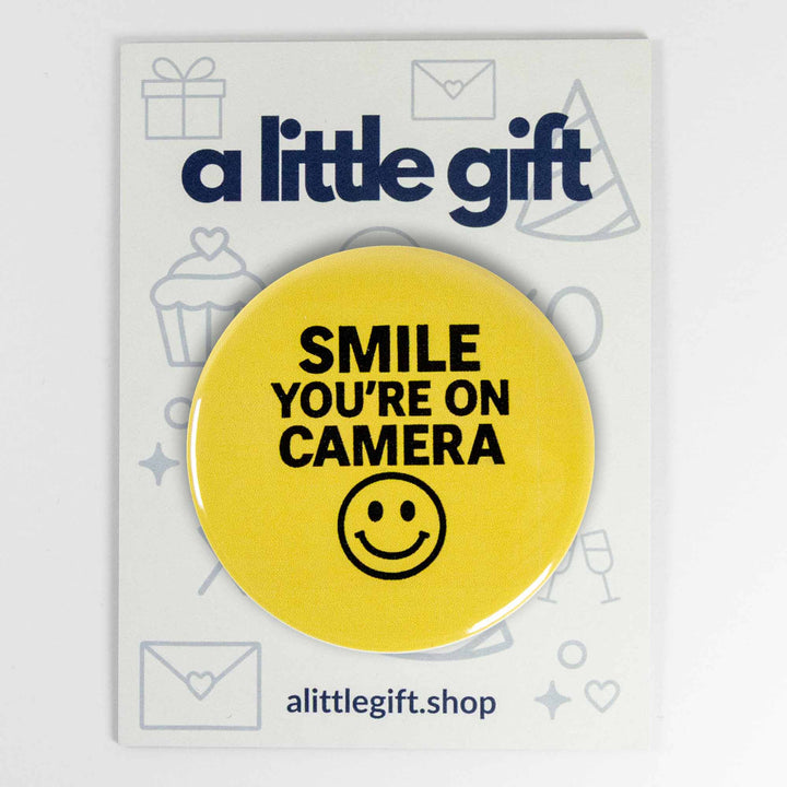 Smile You’re on Camera Button or Magnet – Funny Retro Yellow Smiley Face Design