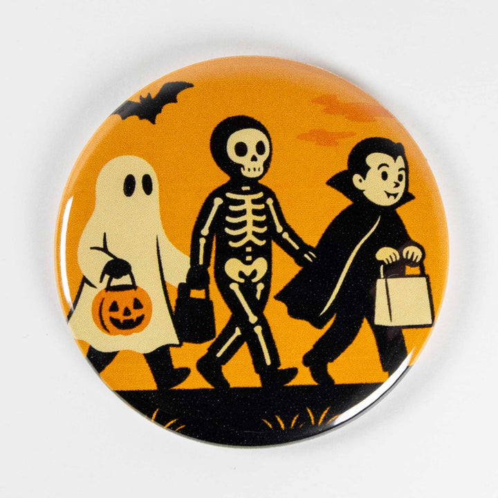 Vintage Trick-or-Treat Halloween Button or Magnet – Retro Ghost, Skeleton & Vampire Design