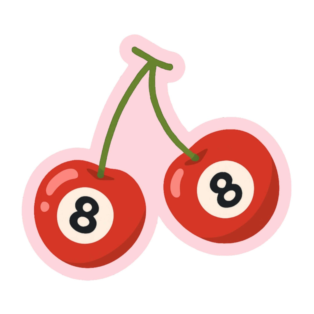 8 Ball Cherries Sticker – Retro Vinyl Decal, 3 x 2.75 in