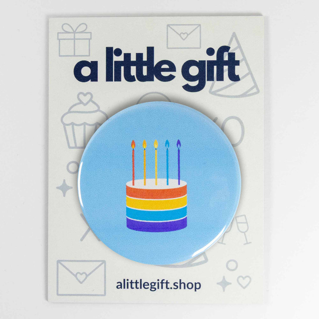 Birthday Cake Button or Magnet – Rainbow Layer Cake with Candles | Party Gift