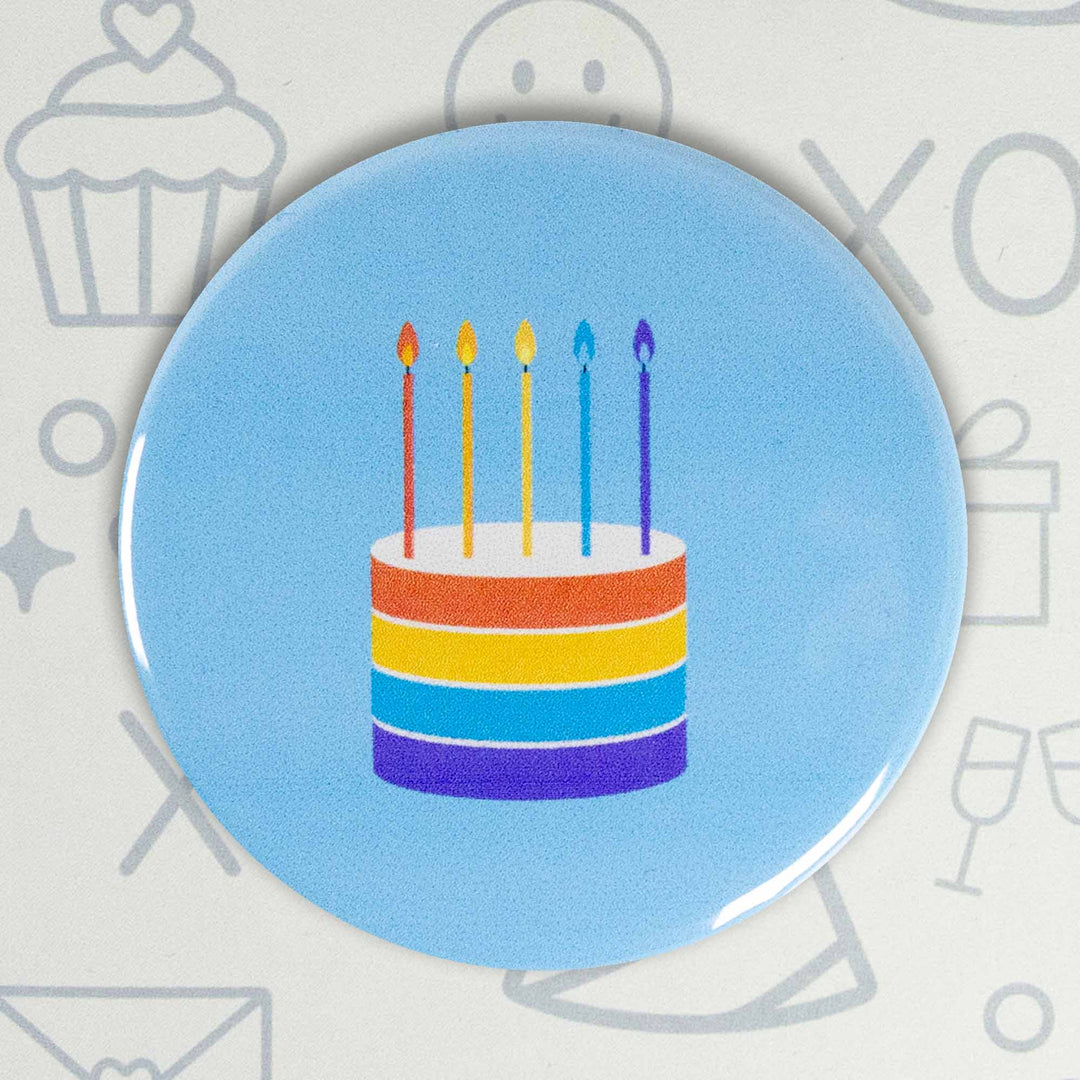 Birthday Cake Button or Magnet – Rainbow Layer Cake with Candles | Party Gift