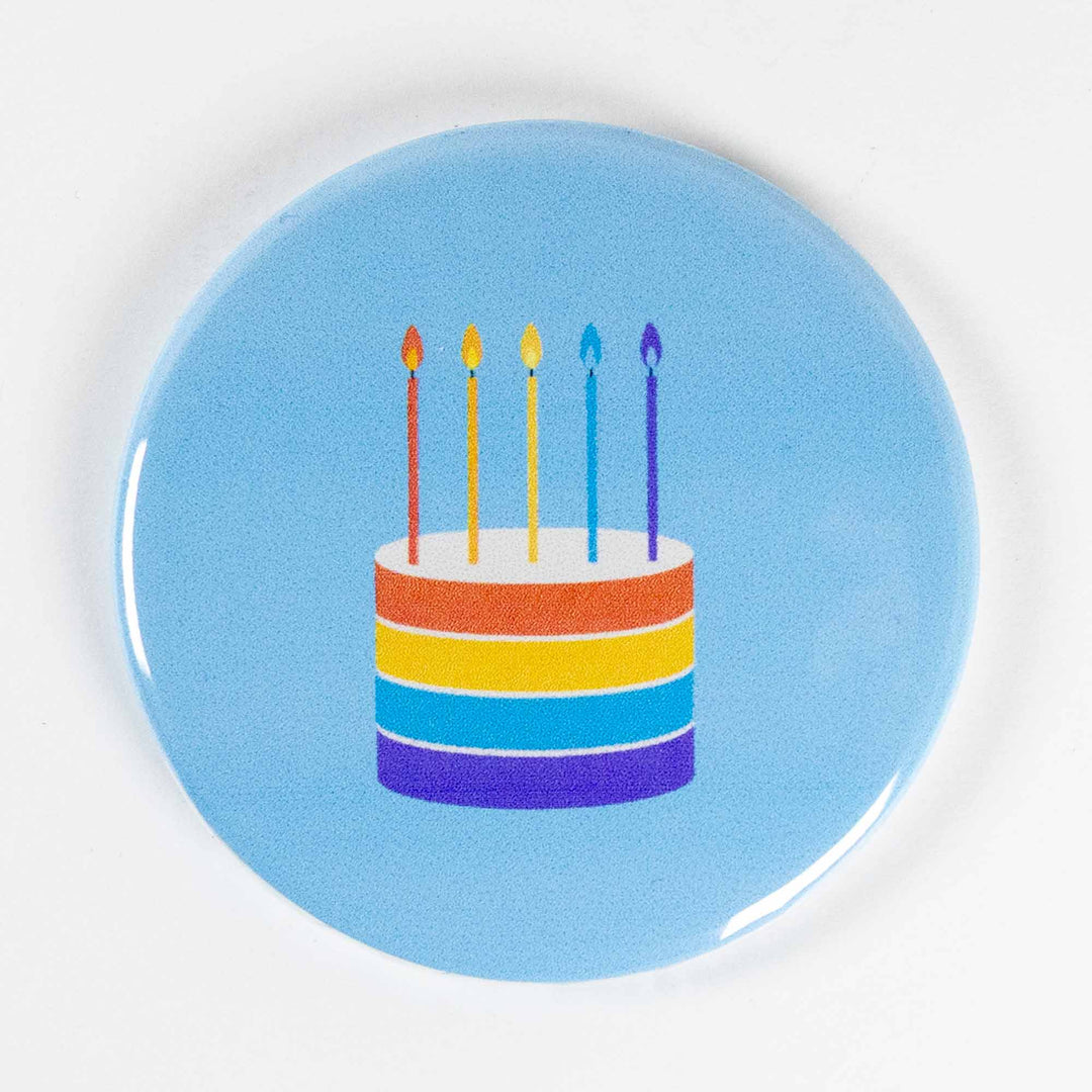 Birthday Cake Button or Magnet – Rainbow Layer Cake with Candles | Party Gift