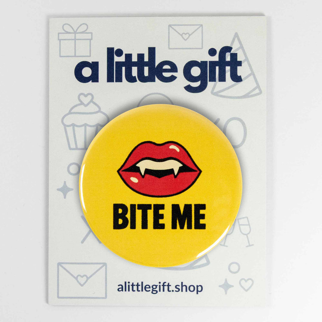 Bite Me Vampire Lips Button or Magnet – Retro Halloween Fang Design | Spooky Gift