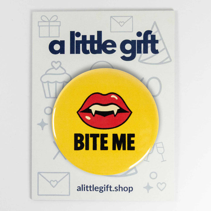 Bite Me Vampire Lips Button or Magnet – Retro Halloween Fang Design | Spooky Gift