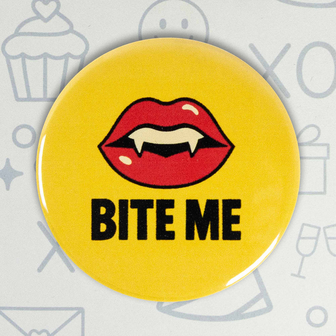 Bite Me Vampire Lips Button or Magnet – Retro Halloween Fang Design | Spooky Gift