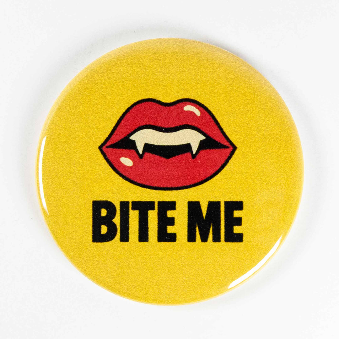 Bite Me Vampire Lips Button or Magnet – Retro Halloween Fang Design | Spooky Gift