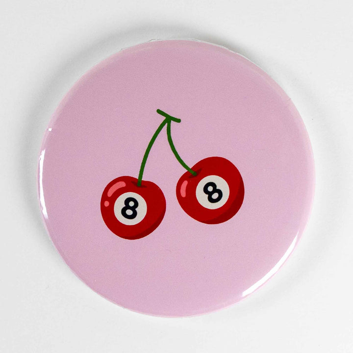 Cherry 8-Ball Button or Magnet – Retro Pop Art Pin | Fun Vintage-Inspired Gift