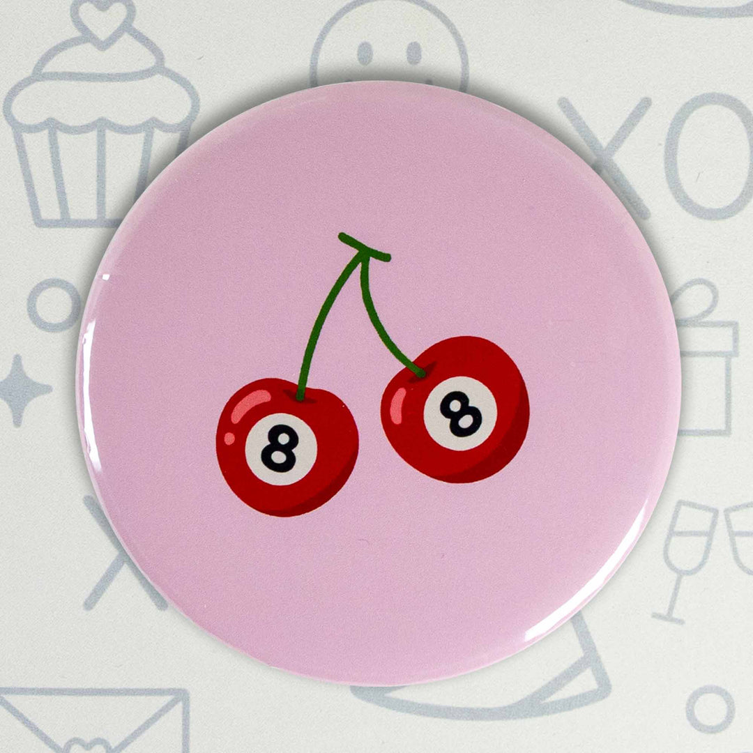 Cherry 8-Ball Button or Magnet – Retro Pop Art Pin | Fun Vintage-Inspired Gift