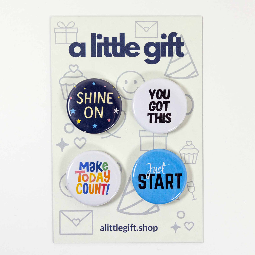 Motivational Button & Magnet Gift Set – 4 Pack Affirmation Pins | Positive Quote Collectibles