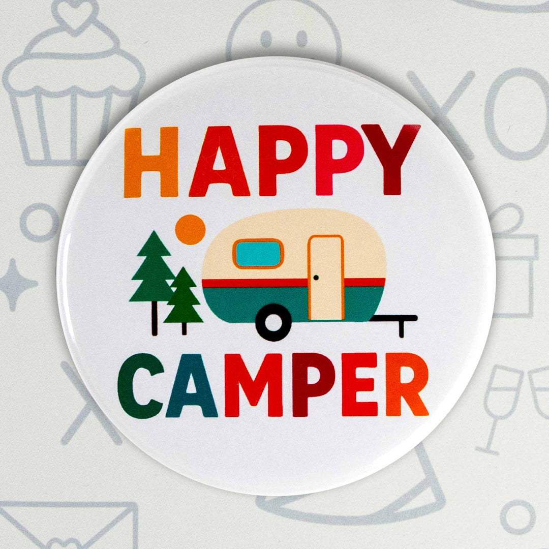 Happy Camper Button or Magnet – Retro Camping Design | Outdoor Adventure Gift