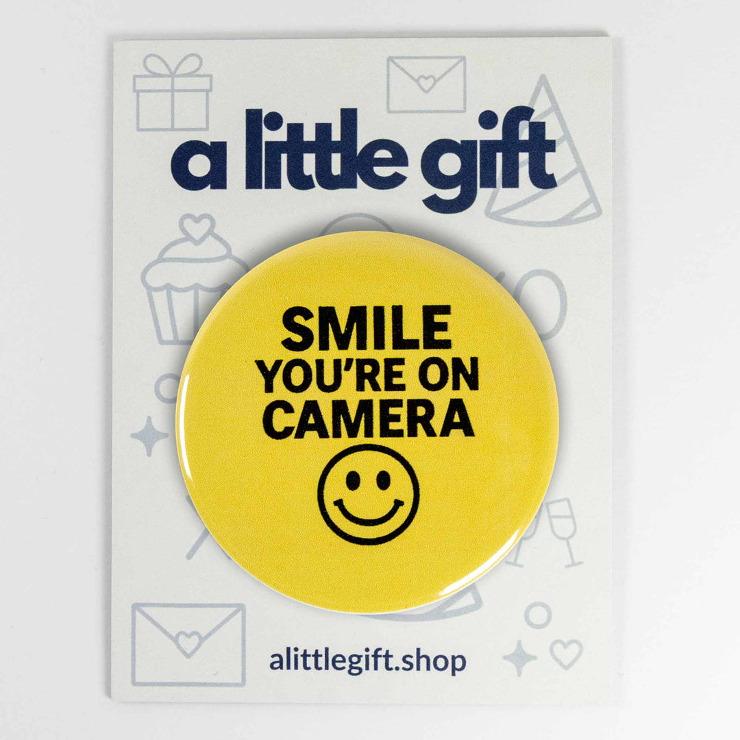 Smile You’re on Camera Button or Magnet – Funny Retro Yellow Smiley Face Design