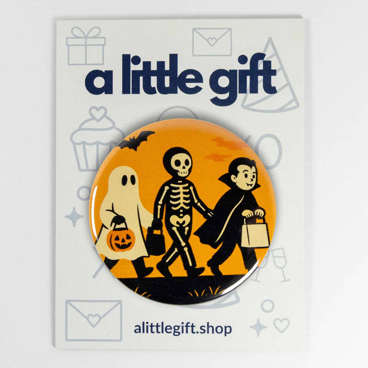 Vintage Trick-or-Treat Halloween Button or Magnet – Retro Ghost, Skeleton & Vampire Design