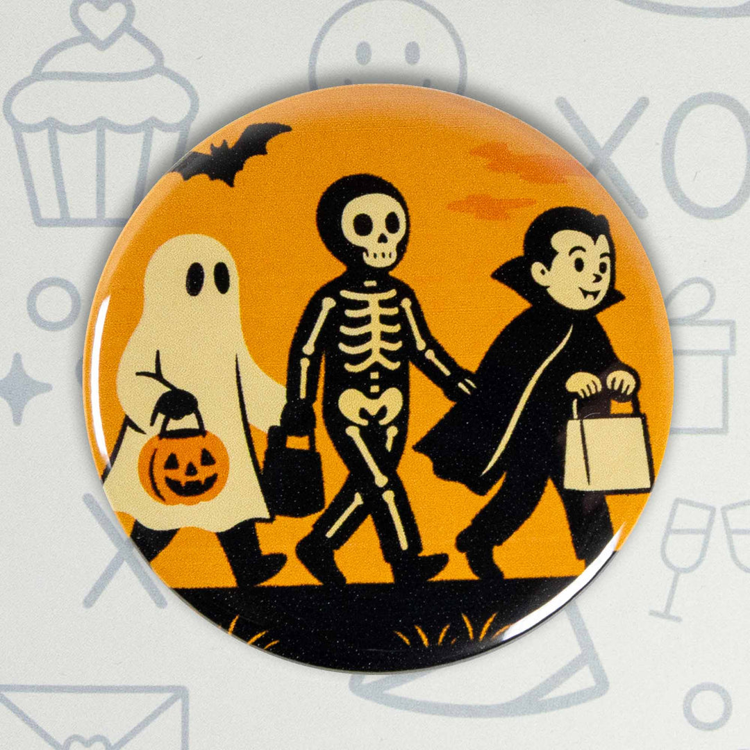 Vintage Trick-or-Treat Halloween Button or Magnet – Retro Ghost, Skeleton & Vampire Design