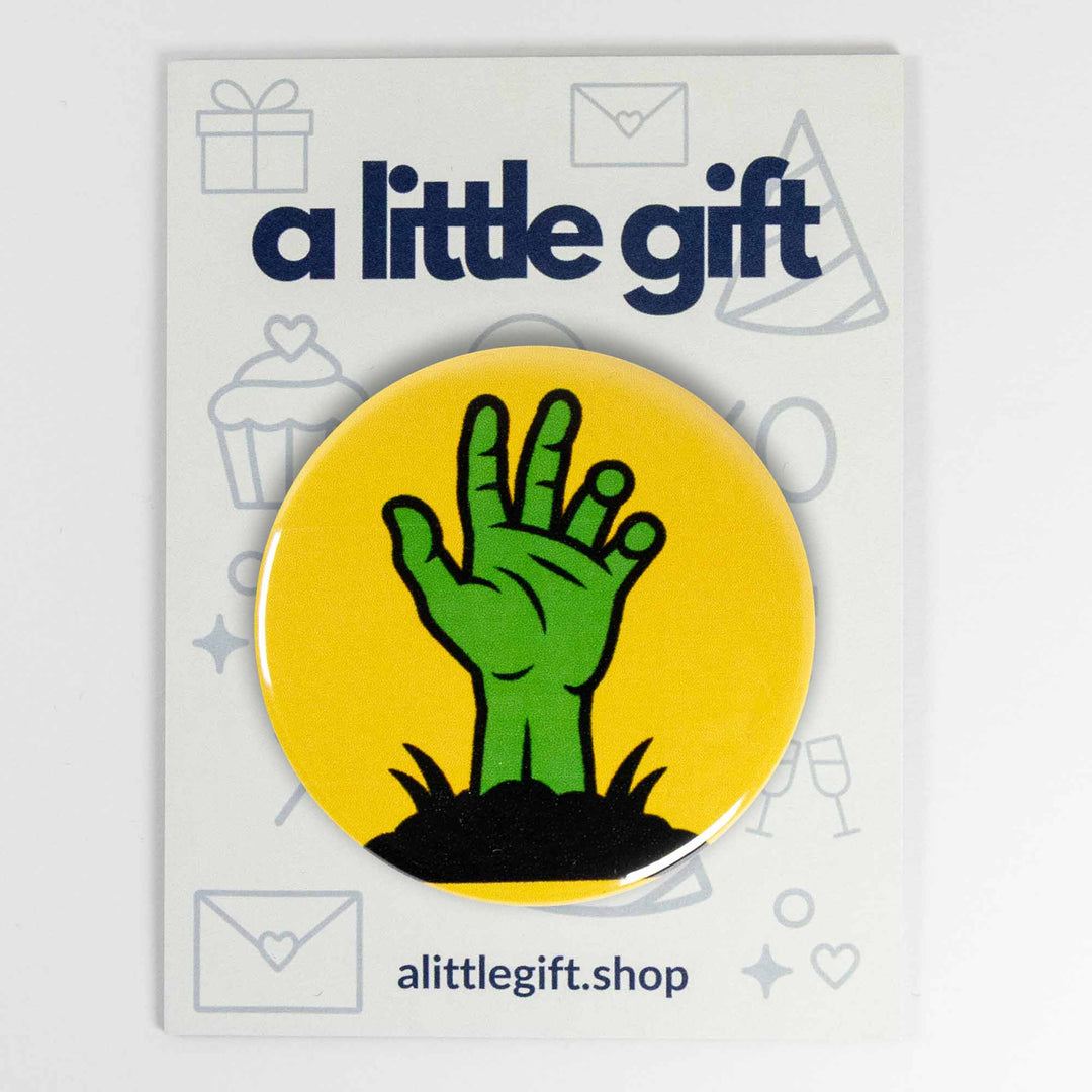 Zombie Hand Button or Magnet – Retro Halloween Undead Design | Spooky Gift