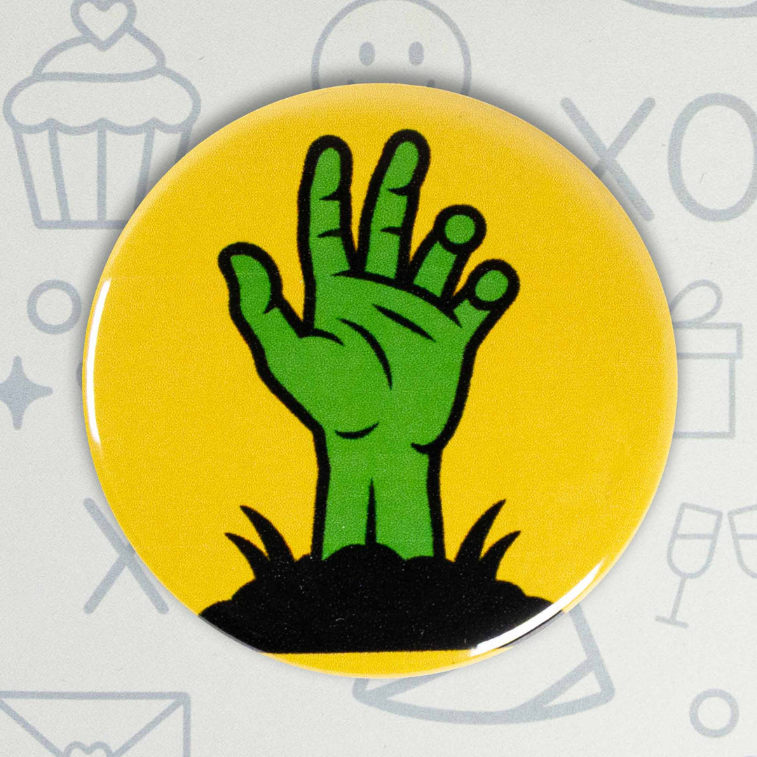 Zombie Hand Button or Magnet – Retro Halloween Undead Design | Spooky Gift