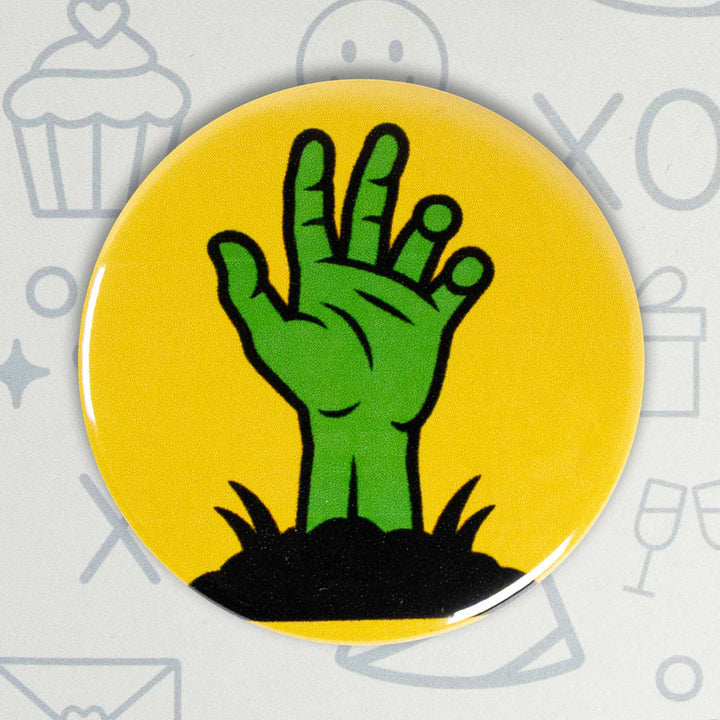Zombie Hand Button or Magnet – Retro Halloween Undead Design | Spooky Gift