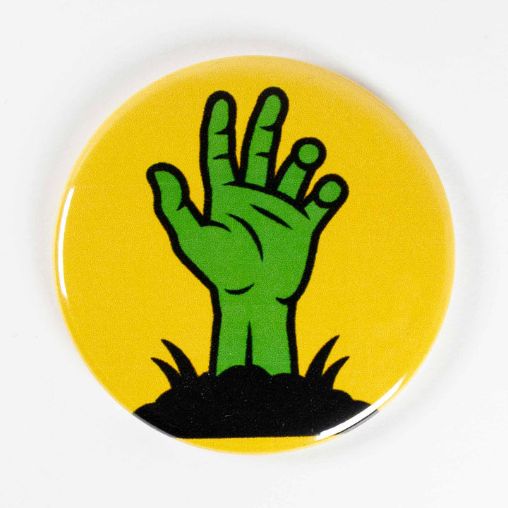 Zombie Hand Button or Magnet – Retro Halloween Undead Design | Spooky Gift
