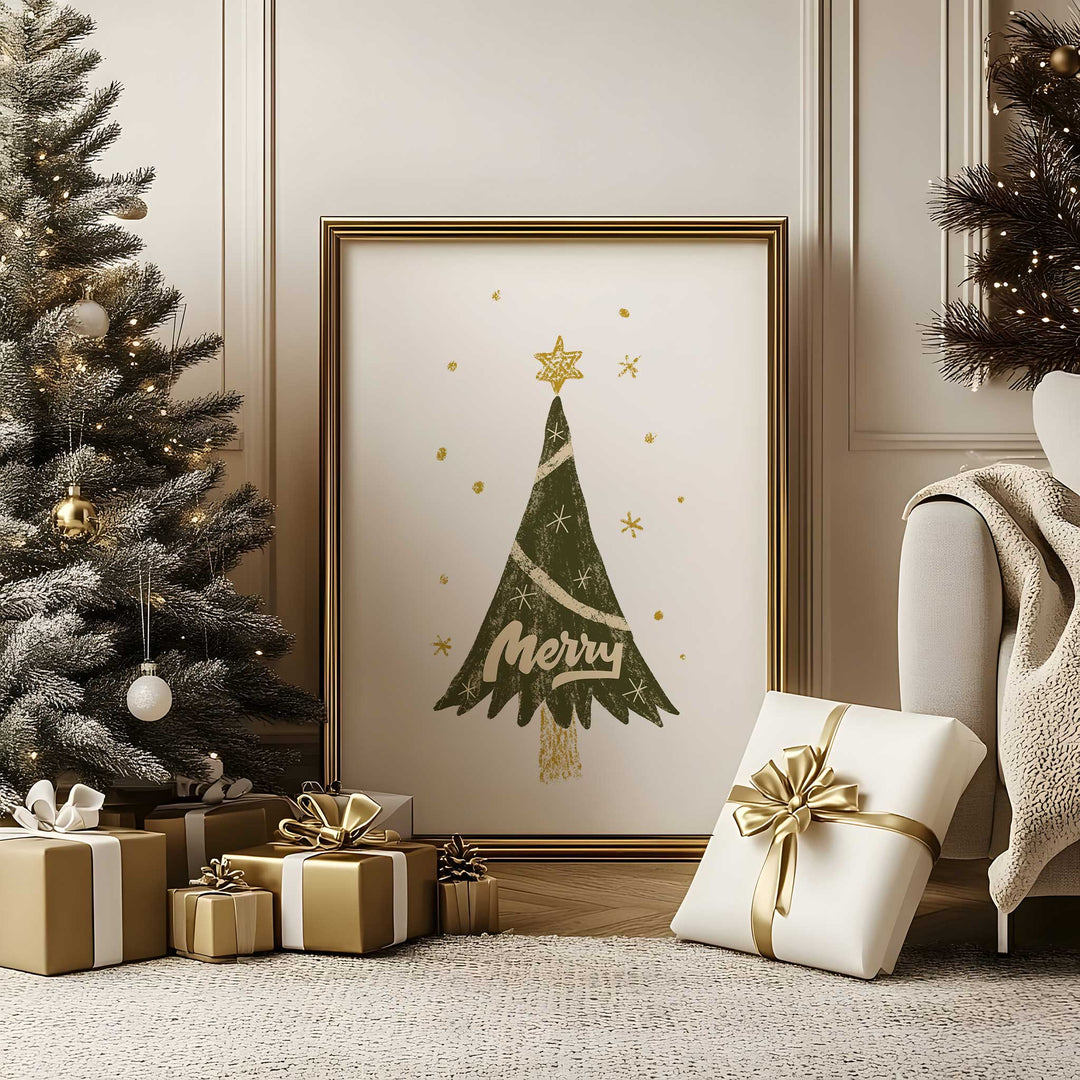 Merry Christmas Tree Print – Hand-Drawn Whimsical Holiday Wall Art