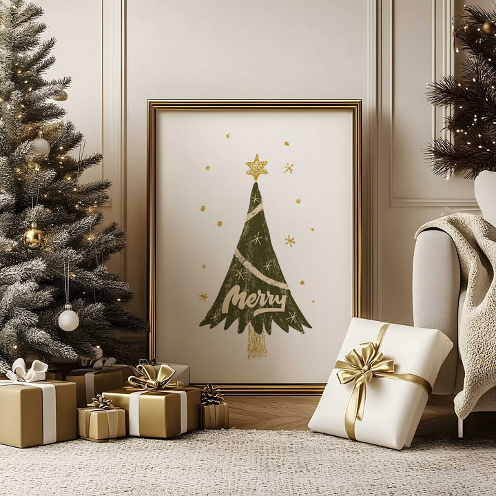 Merry Christmas Tree Print – Hand-Drawn Whimsical Holiday Wall Art