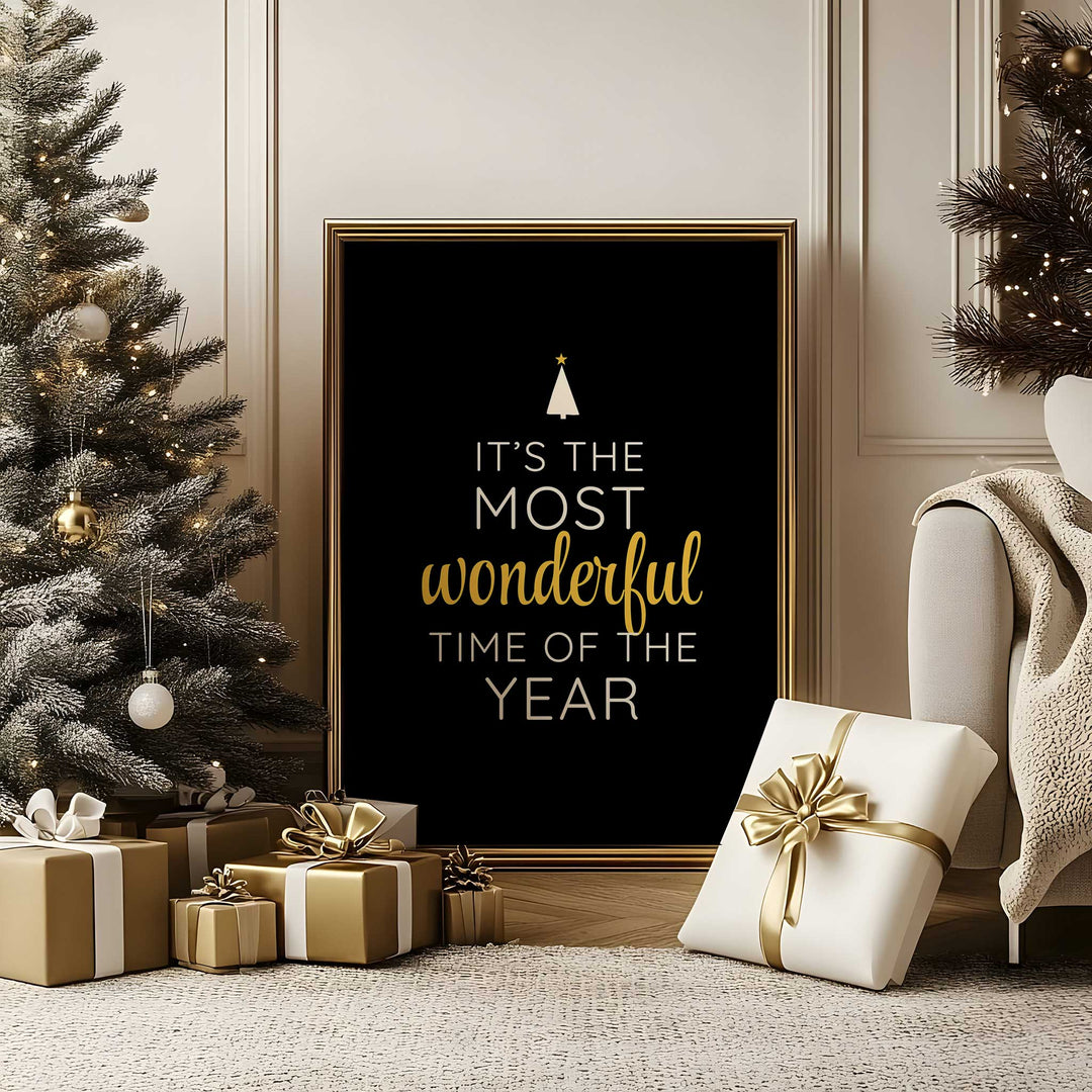 It’s the Most Wonderful Time of the Year Print – Elegant Black & Gold Christmas Wall Art