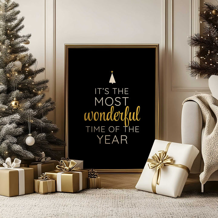 It’s the Most Wonderful Time of the Year Print – Elegant Black & Gold Christmas Wall Art