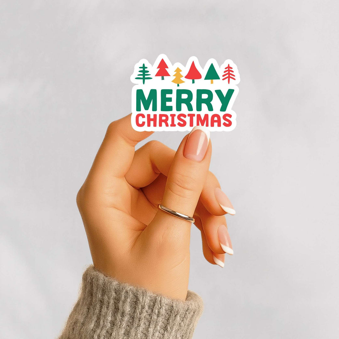 Merry Christmas Sticker – Festive Trees Holiday Vinyl Decal, 3.25 x 2.75 in