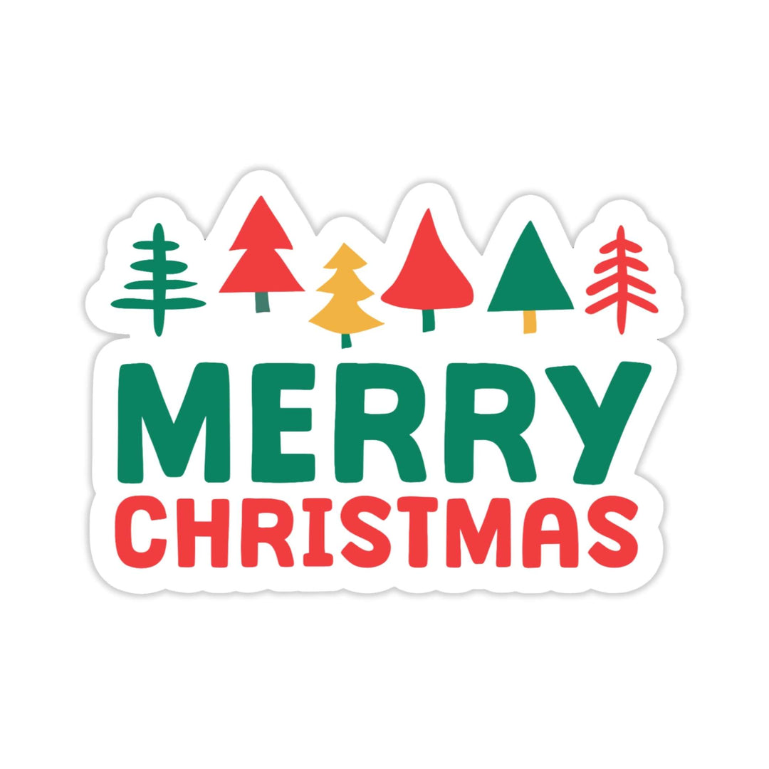 Merry Christmas Sticker – Festive Trees Holiday Vinyl Decal, 3.25 x 2.75 in