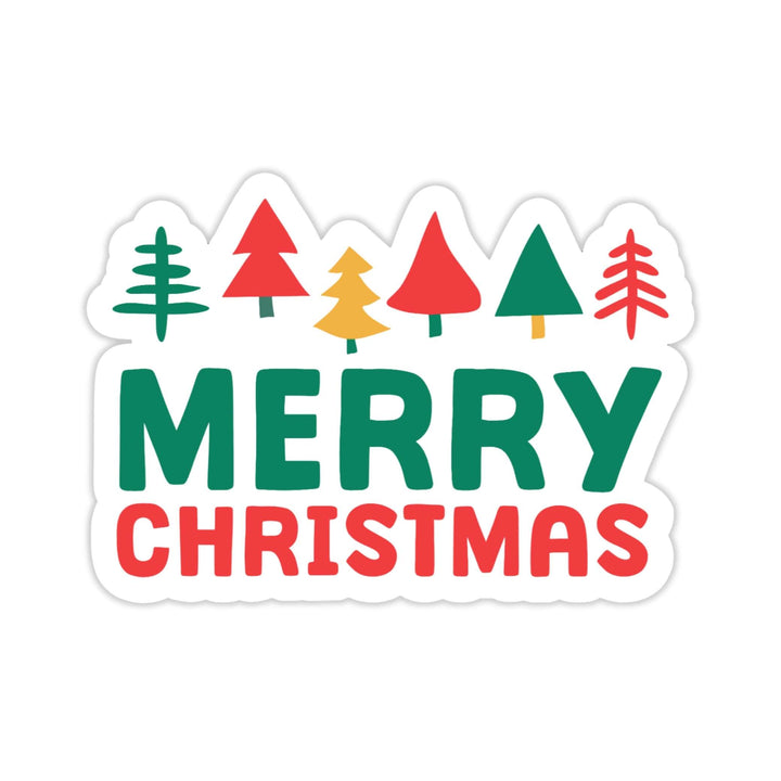 Merry Christmas Sticker – Festive Trees Holiday Vinyl Decal, 3.25 x 2.75 in