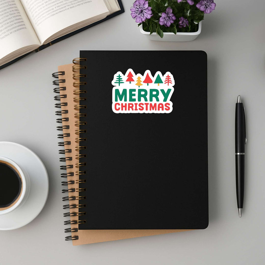 Merry Christmas Sticker – Festive Trees Holiday Vinyl Decal, 3.25 x 2.75 in