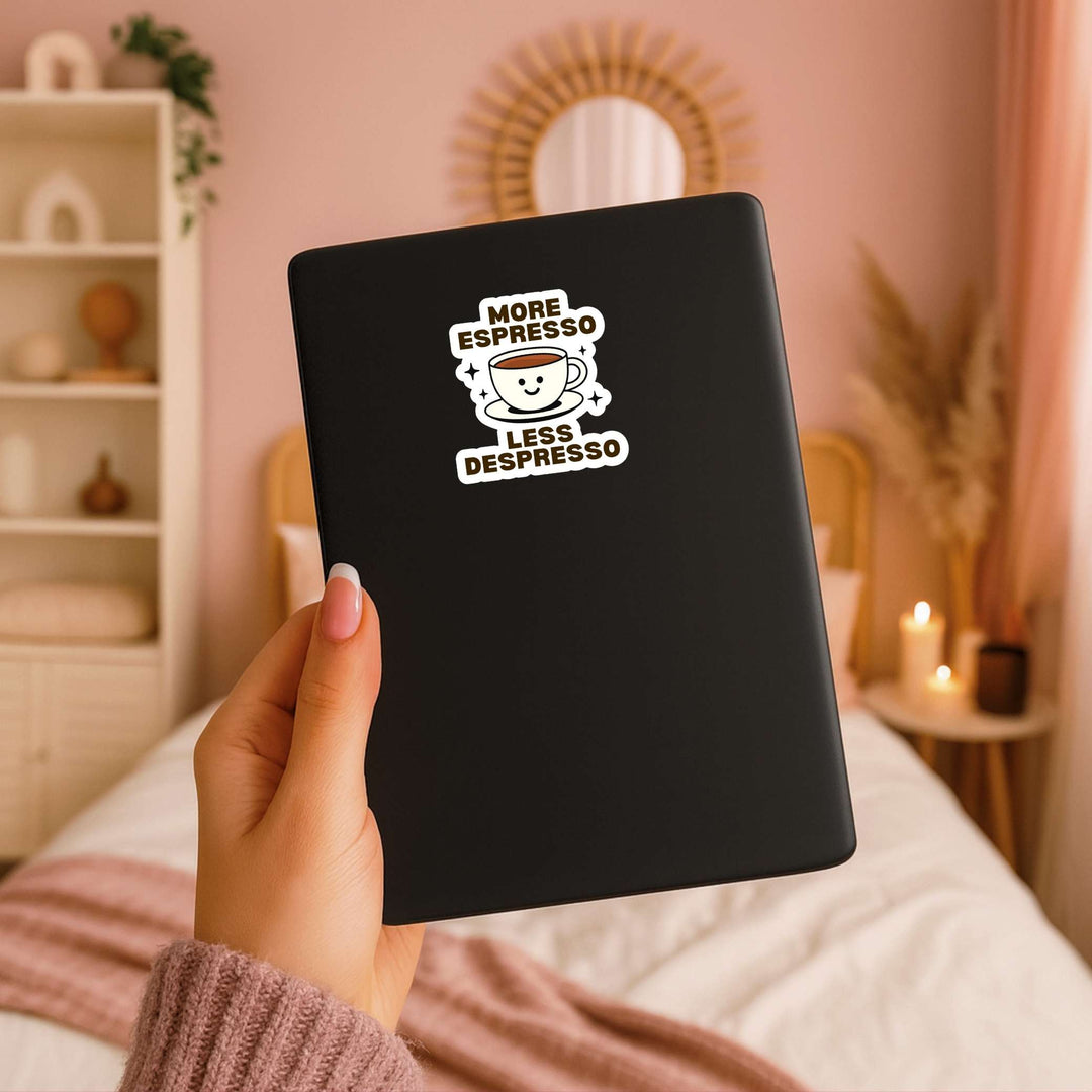 More Espresso Less Depresso Sticker – Cute Coffee Vinyl Decal, 2.5 x 3 in