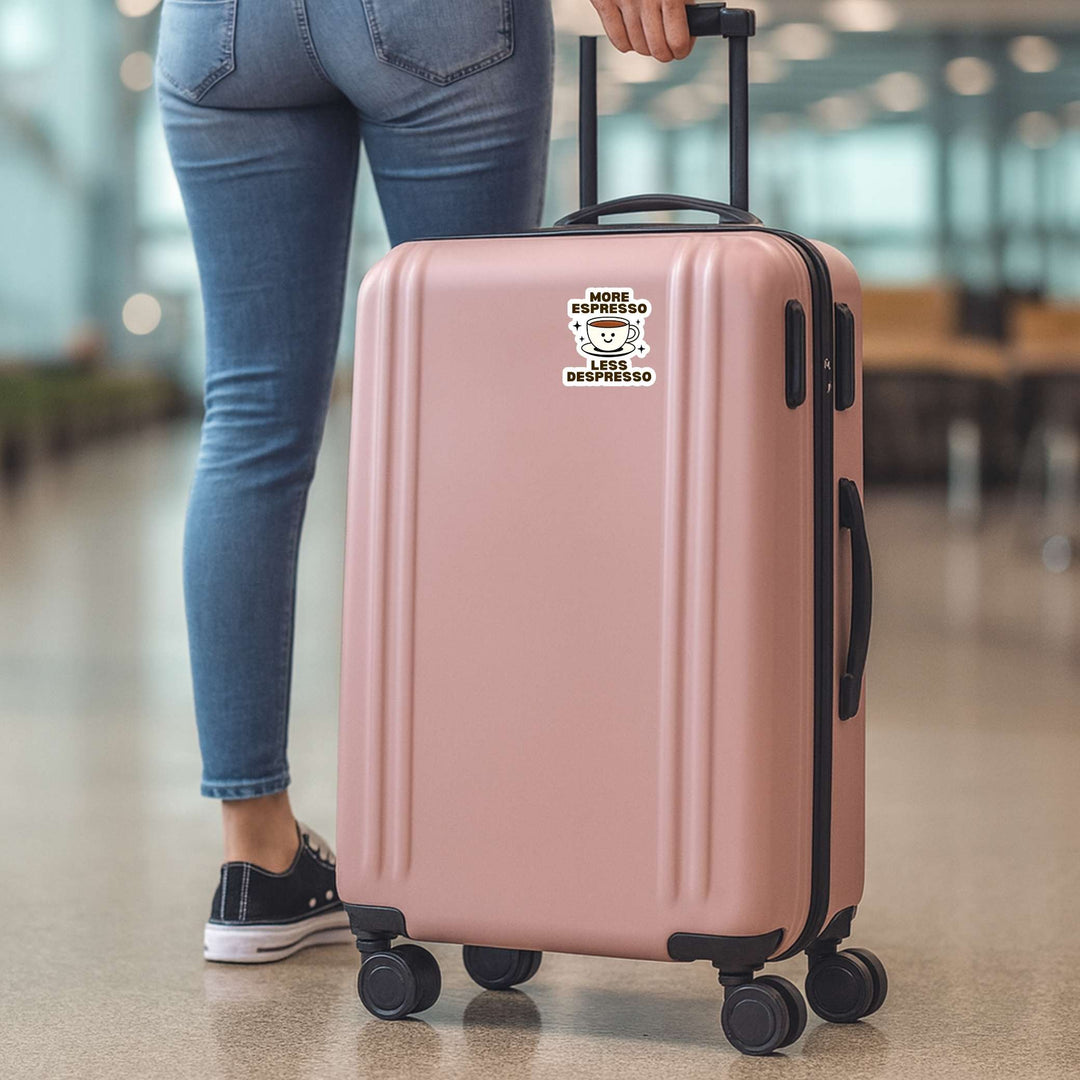 More Espresso Less Depresso Sticker – Cute Coffee Vinyl Decal, 2.5 x 3 in