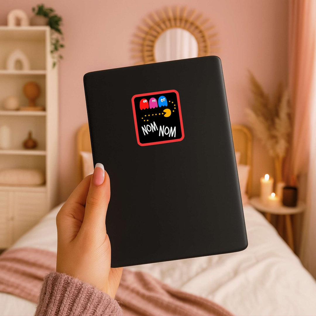 Nom Nom Sticker – Retro Arcade Vinyl Decal, 2.75 x 3 in