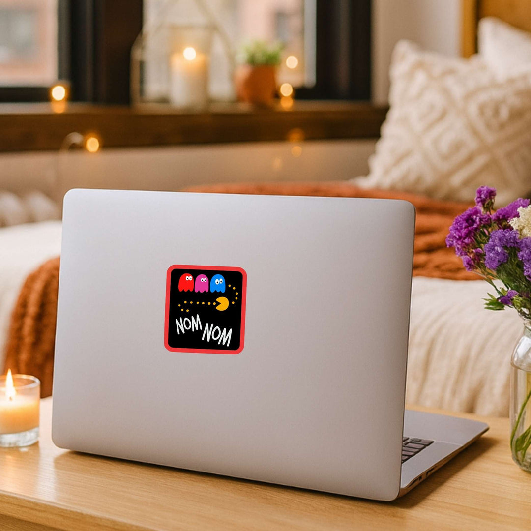 Nom Nom Sticker – Retro Arcade Vinyl Decal, 2.75 x 3 in