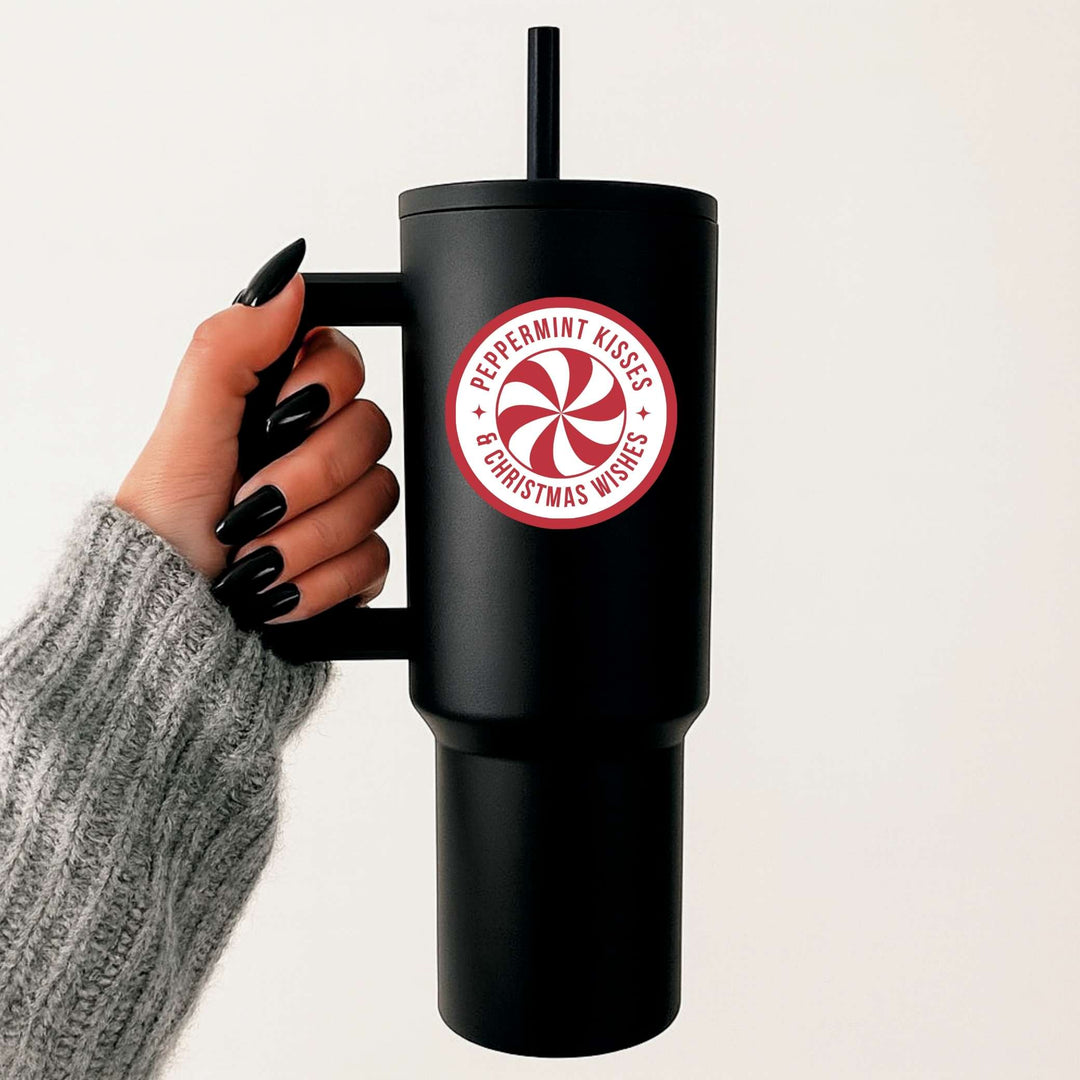 Peppermint Kisses & Christmas Wishes Sticker – Festive Holiday Vinyl Decal, 3 x 3 in