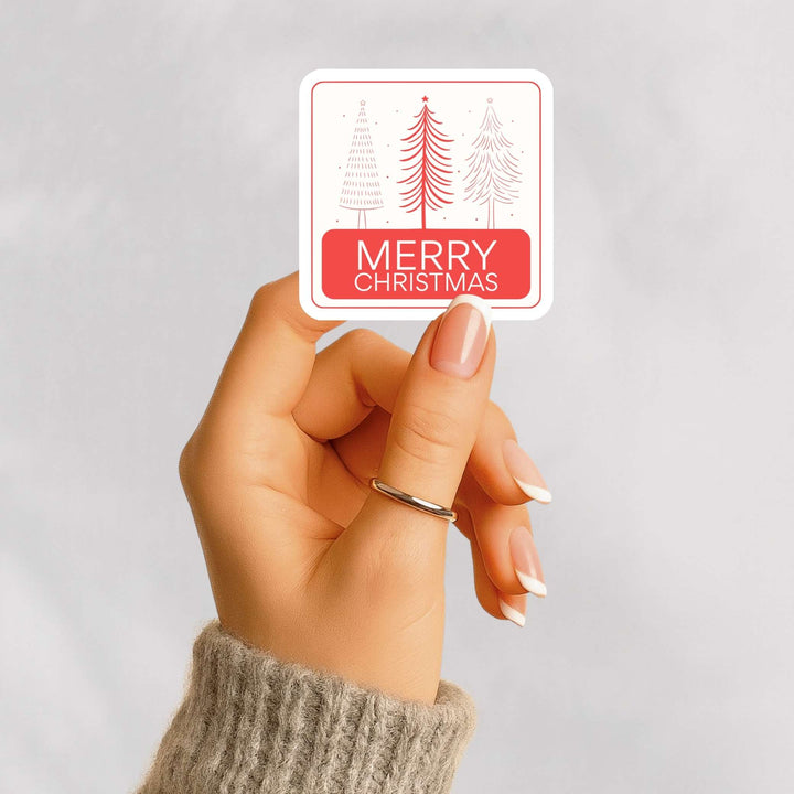 Merry Christmas Sticker – Modern Holiday Trees Vinyl Decal, 3 x 3 in