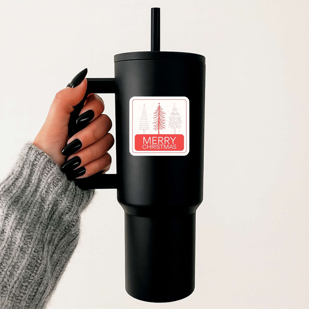 Merry Christmas Sticker – Modern Holiday Trees Vinyl Decal, 3 x 3 in