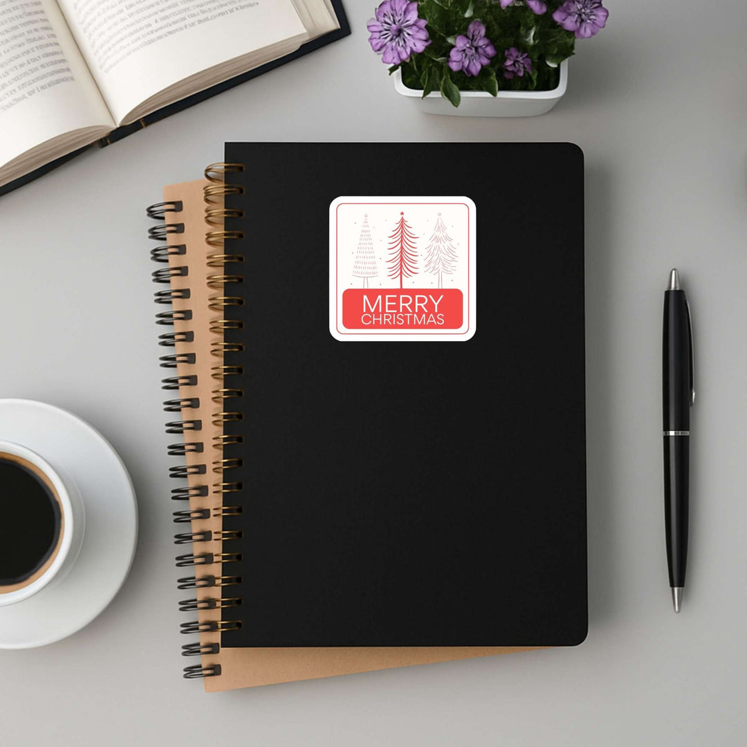 Merry Christmas Sticker – Modern Holiday Trees Vinyl Decal, 3 x 3 in