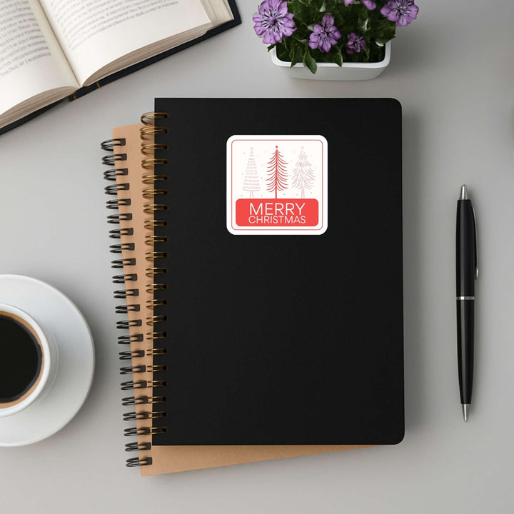 Merry Christmas Sticker – Modern Holiday Trees Vinyl Decal, 3 x 3 in