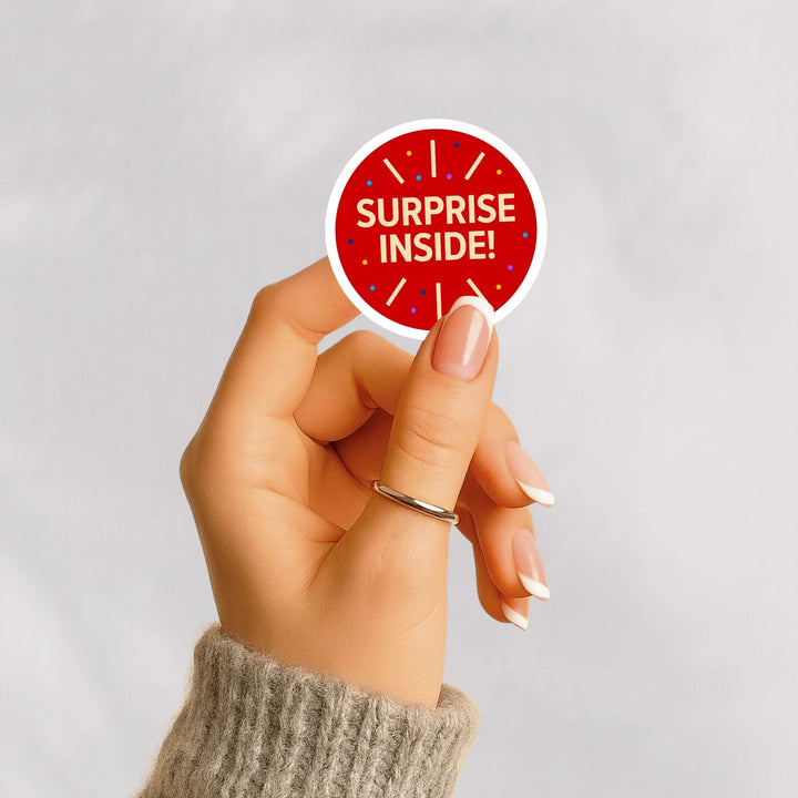 Surprise Inside! Sticker – Fun Gift Packaging Vinyl Decal, 3 x 3 in